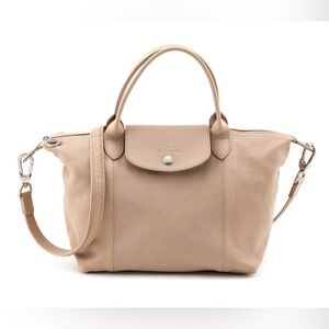 Longchamp Small Le Pliage Cuir Crossbody in Beige